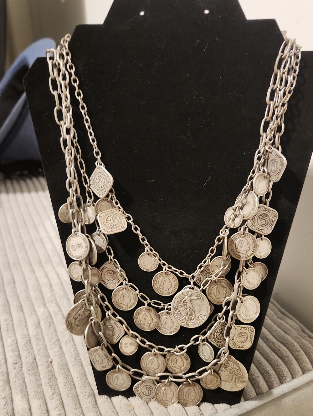 Chicos Vintage Silvertone Boho Multi-Strand Coin Medallion Statement Necklace